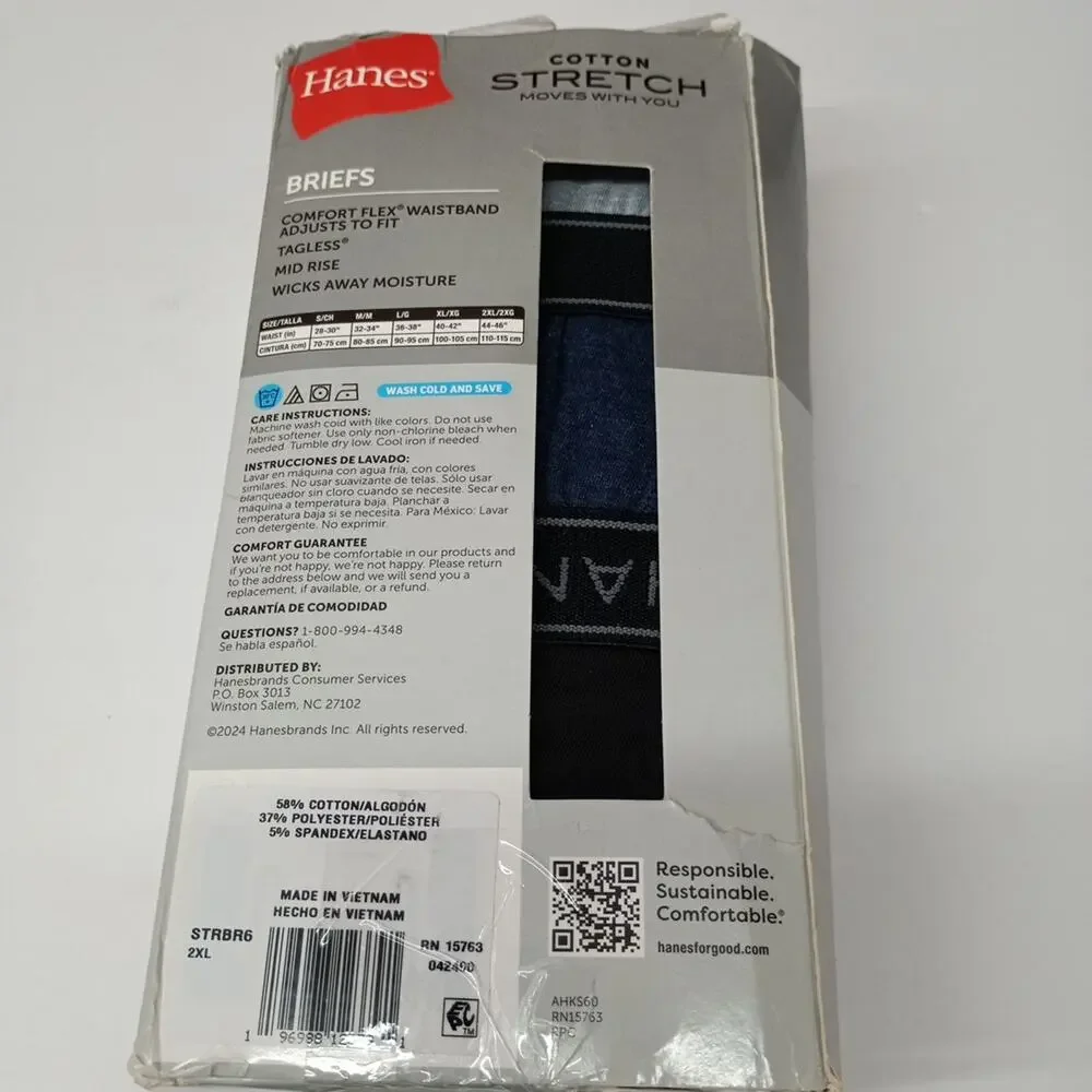 Hanes 6 Briefs Tagless Underwear‎ Size 2XL (44-46) Cotton Stretch Mid Rise